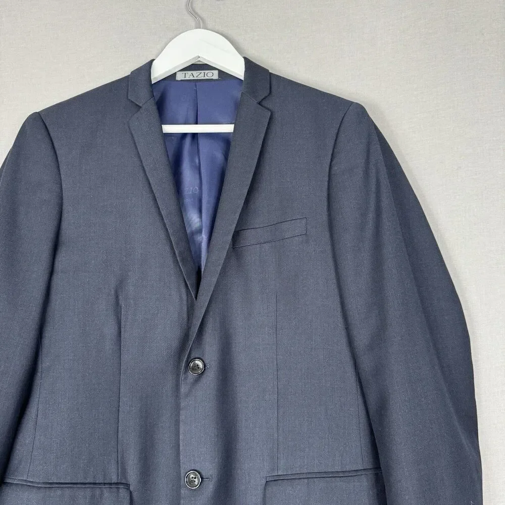Tazio Italy Mens‎ Suit Jacket 38L Blue Wool Ultra Slim Fit Blazer Formal Evening